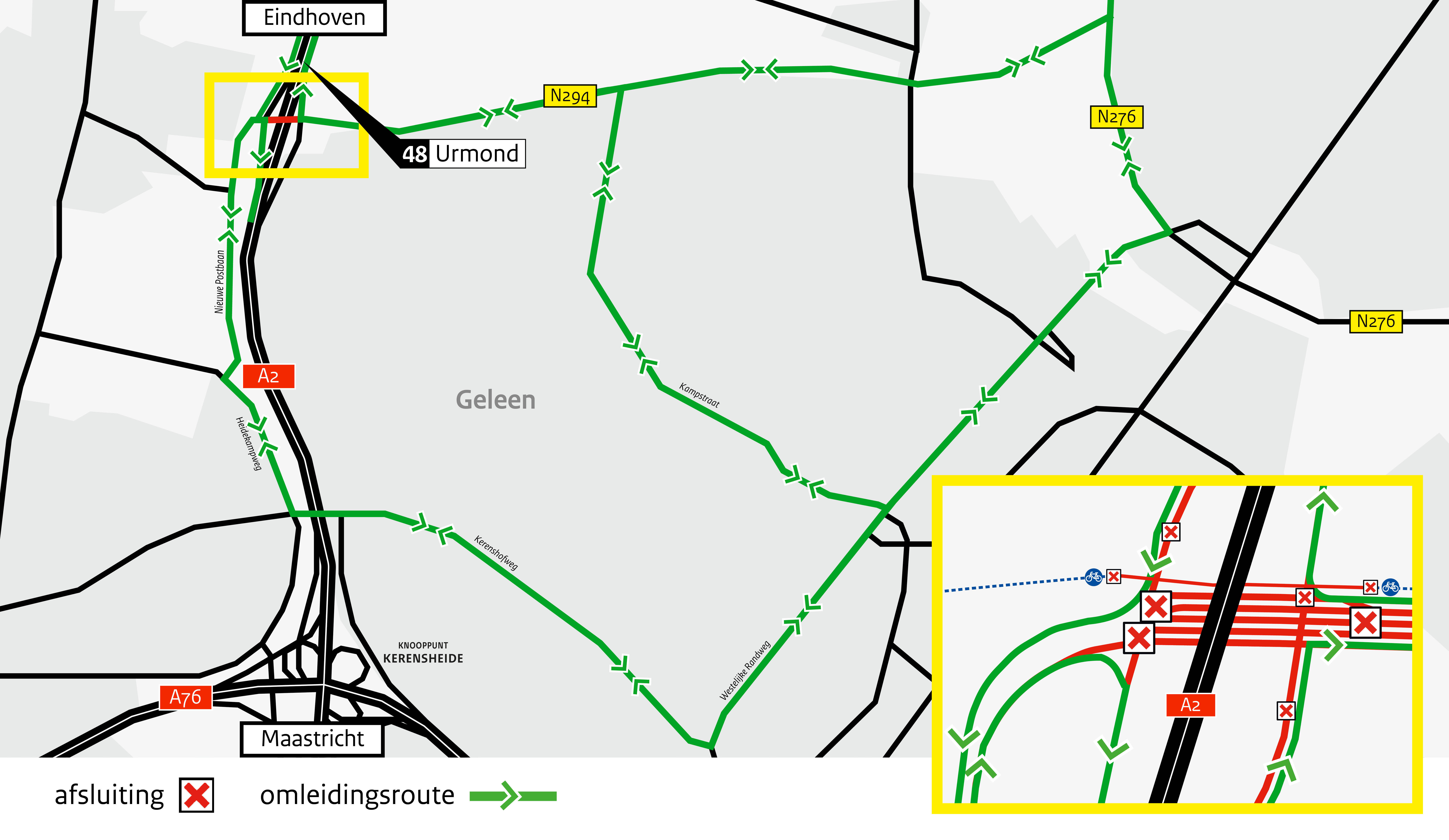 Kaartje omleiding vanwege werkzaamheden N294-A2 Urmonderbaan