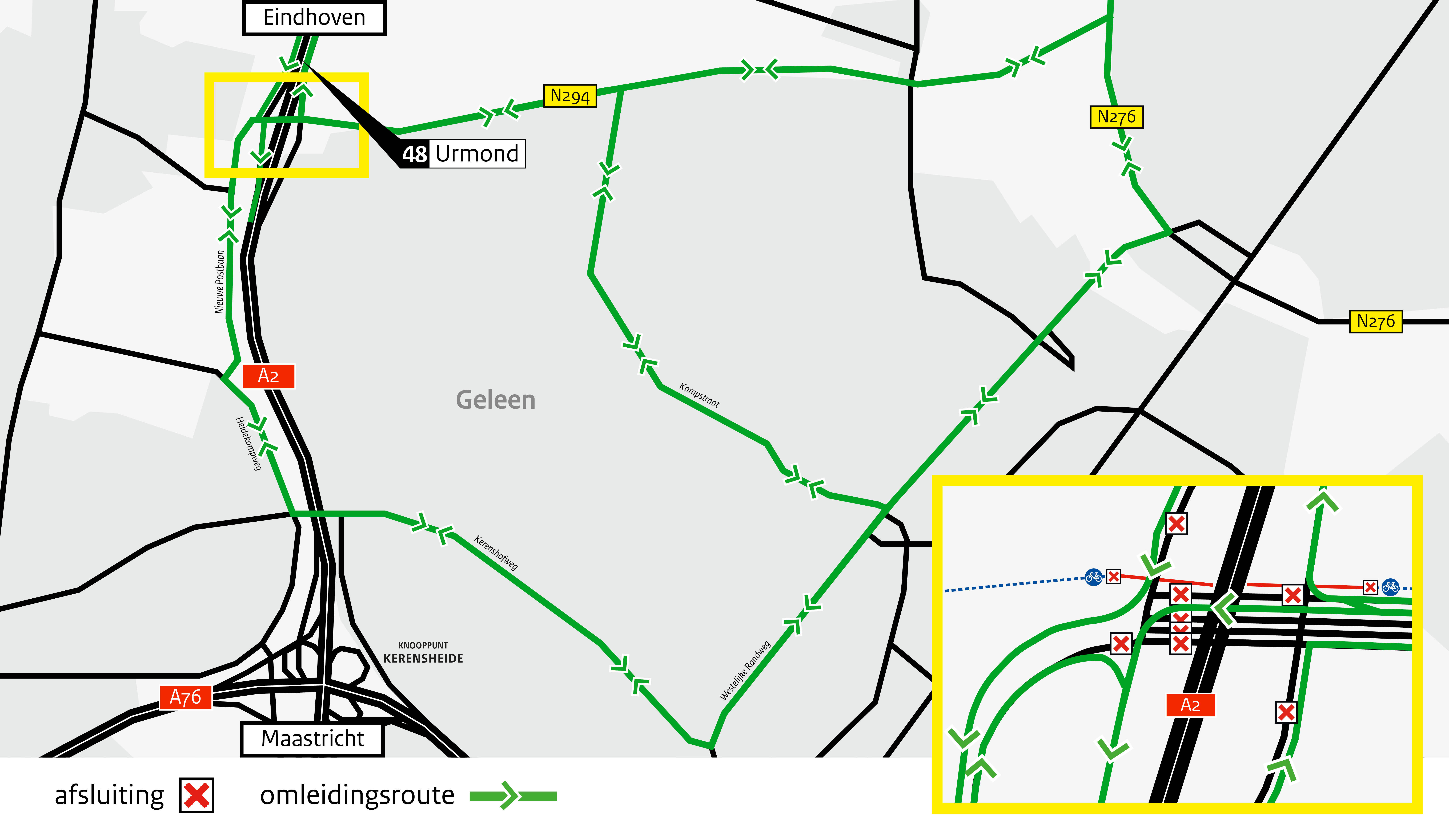 Kaartje omleiding vanwege werkzaamheden N294-A2 Urmonderbaan