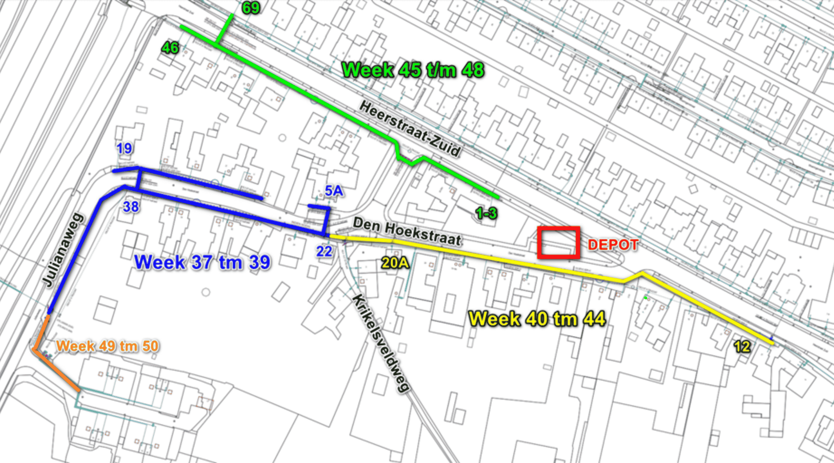 Werkzaamheden Den Hoekstraat, Heerstraat-Zuid, Julianaweg, Krikelsveldweg